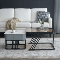 Mesa de Centro de Dos Piezas Mesas Bicolores de Vidrio Teal y Mármol Falso Marrón Blanco(m-5)