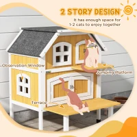 PawHut Outdoor Cat Shelter 2 Tiers Wooden Feral Cat House with Openable Asphalt Roof, Escape Doors, Terrace, for 1-2 Cats(m-5)