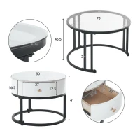 Set 2 Tavolini da Caffè con Superficie in Vetro e Marmo, Cassetto in Legno Massello, Bianco(m-3)