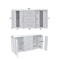 Credenza Moderna con LED Multicolore, 3 Cassetti e 2 Armadietti, Ampio Spazio, per Soggiorno e Cucina, 140x35x70 cm, Bianco(m-3)