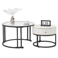 Set 2 Tavolini da Caffè con Superficie in Vetro e Marmo, Cassetto in Legno Massello, Bianco(m-5)