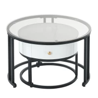 Set 2 Tavolini da Caffè con Superficie in Vetro e Marmo, Cassetto in Legno Massello, Bianco(m-6)