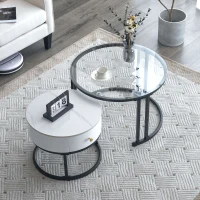 Set 2 Tavolini da Caffè con Superficie in Vetro e Marmo, Cassetto in Legno Massello, Bianco(m-4)