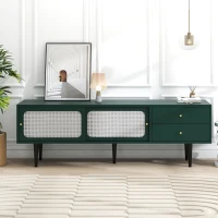 Mobile TV con Ante Scorrevoli in Rattan Bianco, 2 Cassetti e 4 Ripiani Regolabili, Verde(m-5)