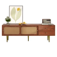 Mobile TV Moderno Design in Rattan con Porte Scorrevoli, Cassetti e 4 Ripiani, Piedi in Metallo, 160x40x60 cm, Color Noce(m-6)