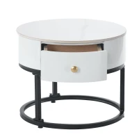 Set 2 Tavolini da Caffè con Superficie in Vetro e Marmo, Cassetto in Legno Massello, Bianco(m-8)