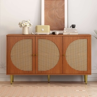 Credenza Elegante con 3 Porte in Rattan e Maniglie in Metallo, Colore noce