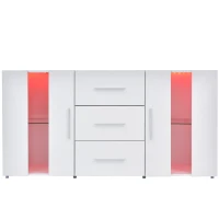 Credenza Moderna con LED Multicolore, 3 Cassetti e 2 Armadietti, Ampio Spazio, per Soggiorno e Cucina, 140x35x70 cm, Bianco(m-7)