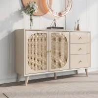 Credenza Moderna per Soggiorno con 2 Ante in Rattan e 3 Cassetti, Multiuso e Spaziosa, Bianco(m-5)