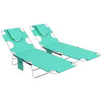Outsunny Foldable Sun Lounger Set of 2 with Reading Hole, Portable Sun Lounger with 5 Level Adjustable Backrest, Reclining Lounge Chair with Side Pocket, Headrest Pillow, Green(m-11)