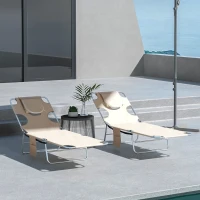 Outsunny Foldable Sun Lounger Set of 2, Beach Chaise Lounges with Reading Hole, Arm Slots, 5-Position Adjustable Backrest, Side Pocket, Pillow for Patio, Garden, Beach, Pool, Beige(m-2)