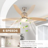 HOMCOM Ventilator de Tavan LED cu Telecomandă, 6 Viteze și Motor Reversibil, Briză și Temporizator, Ф132x43 cm, Lemn Natural(m-4)