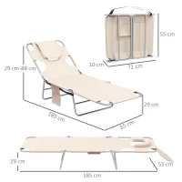 Outsunny Foldable Sun Lounger Set of 2, Beach Chaise Lounges with Reading Hole, Arm Slots, 5-Position Adjustable Backrest, Side Pocket, Pillow for Patio, Garden, Beach, Pool, Beige(m-3)