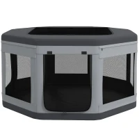 PawHut Țarc de Joacă pentru Câini și Pisici cu 7 Ferestre și 2 Uși din Plasă, Incintă pentru Animale, 124x124x62 cm, Gri și Negru(m-10)