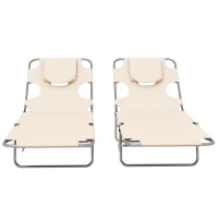 Outsunny Foldable Sun Lounger Set of 2, Beach Chaise Lounges with Reading Hole, Arm Slots, 5-Position Adjustable Backrest, Side Pocket, Pillow for Patio, Garden, Beach, Pool, Beige(m-8)