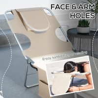 Outsunny Foldable Sun Lounger Set of 2, Beach Chaise Lounges with Reading Hole, Arm Slots, 5-Position Adjustable Backrest, Side Pocket, Pillow for Patio, Garden, Beach, Pool, Beige(m-5)