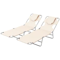 Outsunny Foldable Sun Lounger Set of 2, Beach Chaise Lounges with Reading Hole, Arm Slots, 5-Position Adjustable Backrest, Side Pocket, Pillow for Patio, Garden, Beach, Pool, Beige(m-1)