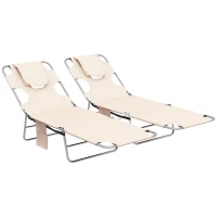 Outsunny Foldable Sun Lounger Set of 2, Beach Chaise Lounges with Reading Hole, Arm Slots, 5-Position Adjustable Backrest, Side Pocket, Pillow for Patio, Garden, Beach, Pool, Beige(m-11)
