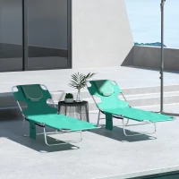 Outsunny Foldable Sun Lounger Set of 2 with Reading Hole, Portable Sun Lounger with 5 Level Adjustable Backrest, Reclining Lounge Chair with Side Pocket, Headrest Pillow, Green(m-2)
