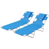 Outsunny Foldable Sun Lounger Set of 2 with Reading Hole, Portable Sun Lounger with 5 Level Adjustable Backrest, Reclining Lounge Chair with Side Pocket, Headrest Pillow, Blue(m-1)