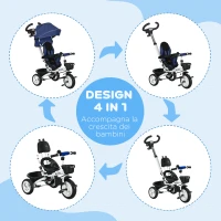 HOMCOM Triciclo Passeggino per Bambini con Maniglione, Parasole Regolabile e Cintura di Sicurezza, Blu Scuro(m-4)