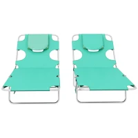 Outsunny Foldable Sun Lounger Set of 2 with Reading Hole, Portable Sun Lounger with 5 Level Adjustable Backrest, Reclining Lounge Chair with Side Pocket, Headrest Pillow, Green(m-8)