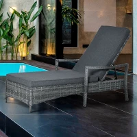 Outsunny Patio Rattan Sun Lounger, Dual Wicker Weave Outdoor Single Reclining Chair Furniture, 4-Level Adjustable Backrest w/ Removeable & Washable Cushion, Mixed Grey(m-2)