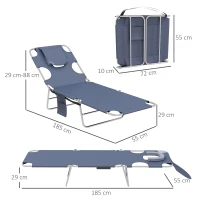 Outsunny Foldable Sun Lounger Set of 2 with Reading Hole, Portable Sun Lounger with 5 Level Adjustable Backrest, Reclining Lounge Chair with Side Pocket, Headrest Pillow, Grey(m-3)