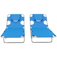 Outsunny Foldable Sun Lounger Set of 2 with Reading Hole, Portable Sun Lounger with 5 Level Adjustable Backrest, Reclining Lounge Chair with Side Pocket, Headrest Pillow, Blue(m-8)