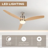 HOMCOM Ventilator de Tavan LED cu Telecomandă, 6 Viteze și Motor Reversibil, Briză și Temporizator, Ф132x43 cm, Lemn Natural(m-5)