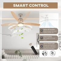 HOMCOM Ventilator de Tavan LED cu Telecomandă, 6 Viteze și Motor Reversibil, Briză și Temporizator, Ф132x43 cm, Lemn Natural(m-7)