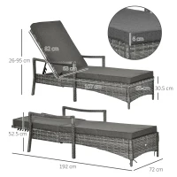 Outsunny Patio Rattan Sun Lounger, Dual Wicker Weave Outdoor Single Reclining Chair Furniture, 4-Level Adjustable Backrest w/ Removeable & Washable Cushion, Mixed Grey(m-3)