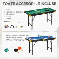 SPORTNOW Masă de Joc Pliabilă 2-în-1, Masă de Tenis și Masă de Biliard cu Accesorii Incluse, 140x63x60-80 cm, Albastru, Verde și Negru(m-7)