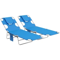 Outsunny Foldable Sun Lounger Set of 2 with Reading Hole, Portable Sun Lounger with 5 Level Adjustable Backrest, Reclining Lounge Chair with Side Pocket, Headrest Pillow, Blue(m-11)