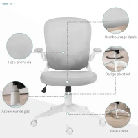 HOMCOM Fauteuil de bureau hauteur réglable pivotant 360° accoudoirs relevables dossier en maille et assise tissu gris(m-8)