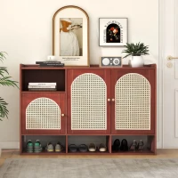 Credenza in Rattan e Noce con 3 Ante Curve e 4 Ripiani Aperti per la Casa, Noce(m-1)