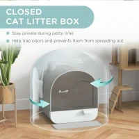 PawHut Hooded Cat Litter Box, Kitten Litter Tray, with Lid, Scoop, Filter, Flap Door, Light Grey(m-5)