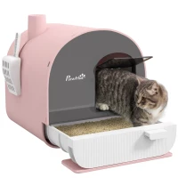 PawHut Kuweta z pokrywą, łopatką, matą łapie-żwirek, plastik, różowy/czarny(m-10)