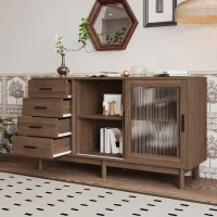 Credenza multiuso in Noce con Vetrina in Vetro, 4 Cassetti e 2 Ante in Vetro, Marrone(m-5)