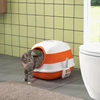 PawHut Foldable Cat Litter Tray with Lid, Deodorant, Scoop, Orange(m-10)