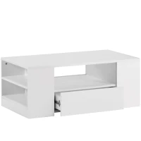 Mesa de Centro Moderna con 2 Cajones 2 Estantes E Iluminación Led 95x53x37 cm Blanco Brillo(m-7)