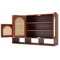 Credenza in Rattan e Noce con 3 Ante Curve e 4 Ripiani Aperti per la Casa, Noce(m-7)