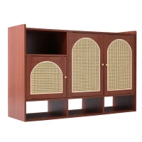 Credenza in Rattan e Noce con 3 Ante Curve e 4 Ripiani Aperti per la Casa, Noce(m-2)