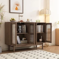 Credenza in Noce con Vetrina e 4 Ante in Vetro a Strisce Verticali, multiuso per Soggiorno, Marrone(m-5)