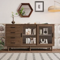 Credenza multiuso in Noce con Vetrina in Vetro, 4 Cassetti e 2 Ante in Vetro, Marrone(m-1)