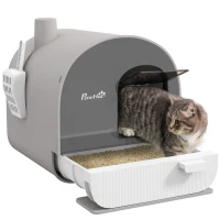 PawHut Kuweta z pokrywą, łopatką, matą na żwirek, plastik, szara/czarna(m-10)