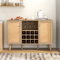 Credenza Portabottiglie Effetto Legno con 2 Ante in Rattan e Ripiani Regolabili, Quercia(m-1)