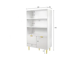 Armadio Alto Elegante con Decorazioni Dorate, 2 Ante e 3 Ripiani Aperti, Multifunzione, Bianco+Oro(m-3)