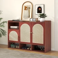 Credenza in Rattan e Noce con 3 Ante Curve e 4 Ripiani Aperti per la Casa, Noce(m-4)