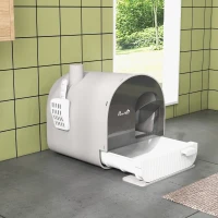 PawHut Kuweta z pokrywą, łopatką, matą na żwirek, plastik, szara/czarna(m-9)